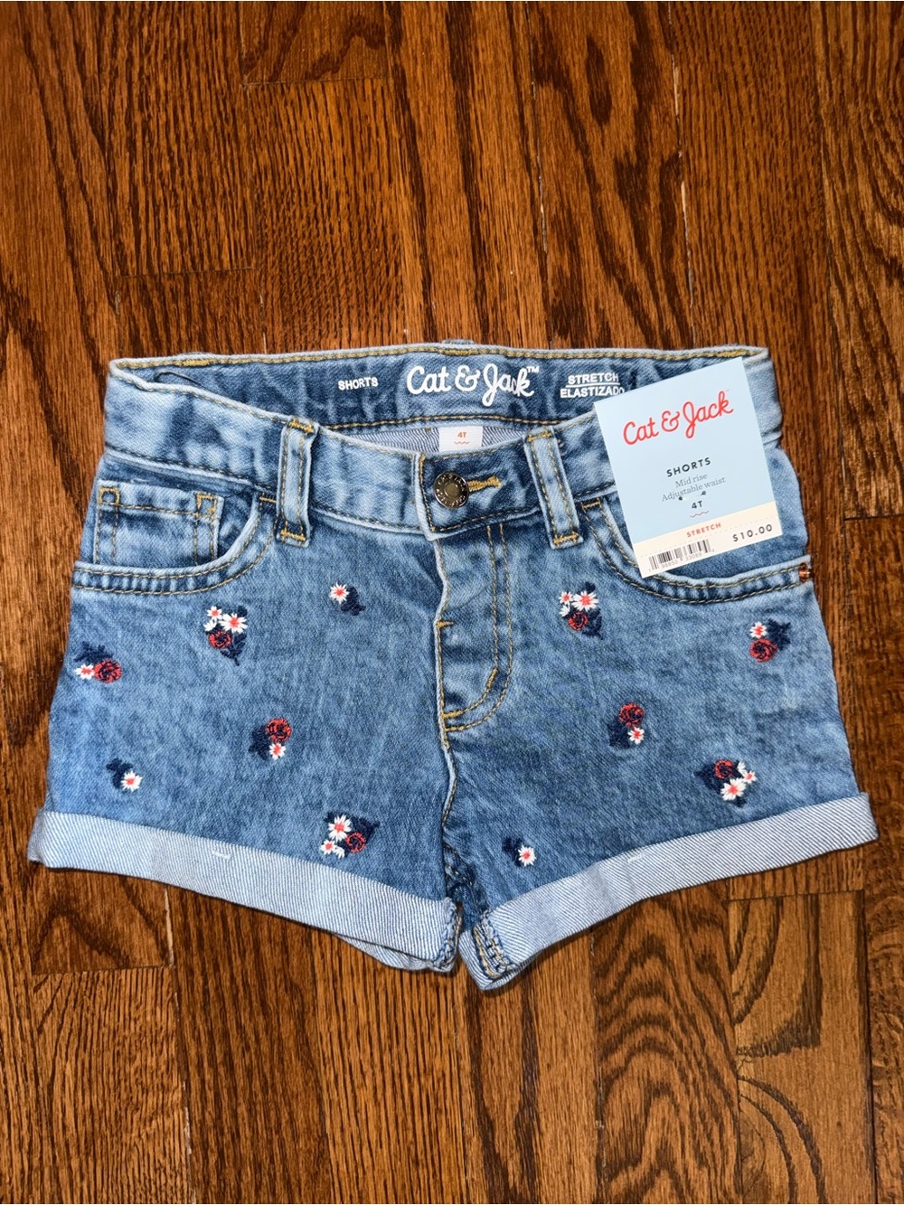 Cat & Jack Light Blue Denim Shorts with Red & White Floral Embroidery